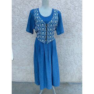 Vintage 90s Chambray Denim Prairie Dress with Vest and Tie Back - Size 16
